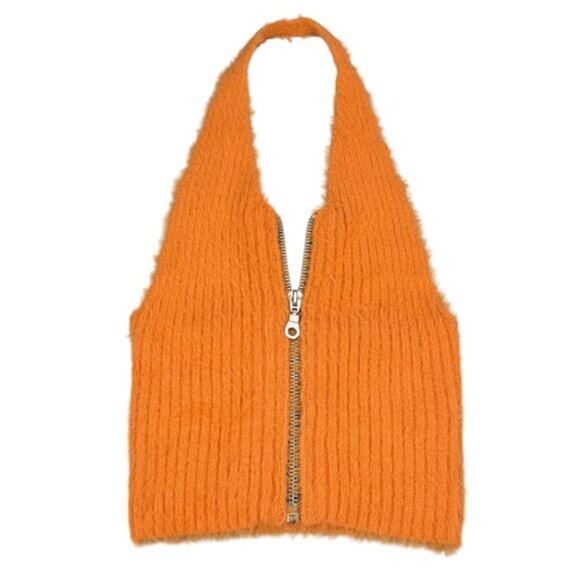 NWT THE RAGGED PRIEST Bug Fuzzy Ribbed Knit Sweater Halter Top Size Small Orange - Picture 2 of 7